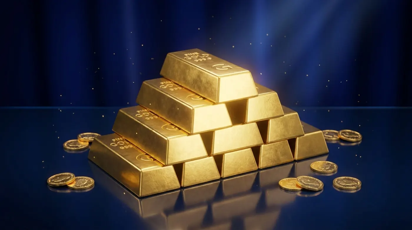 Gold bars and coins representing the value of gold
