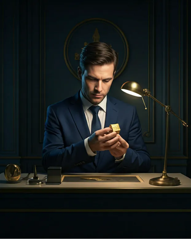 Gold valuer examining a gold piece under a desk lamp