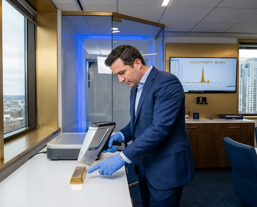Gold purity being checked with a testing instrument